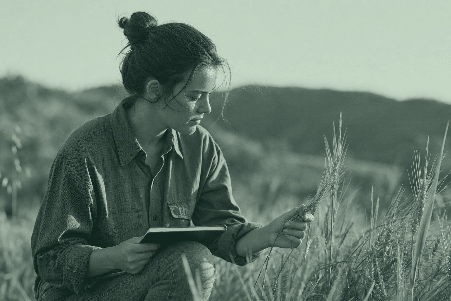 A young agriculture student examining a wheat crop in the field